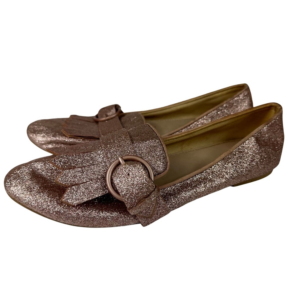 Zara Girls Pink Glitter Buckle Tassel Loafer Round Toe Glam Flats Size EU 38